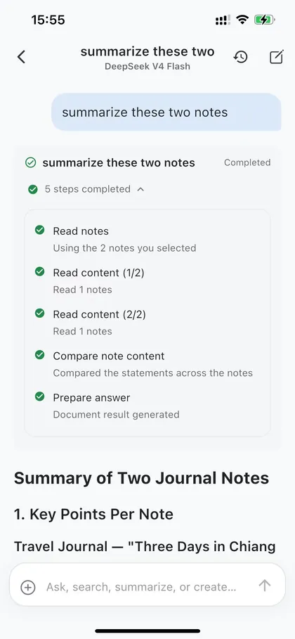 選択したノートをMemoFlow AIが要約しているiPhone画面