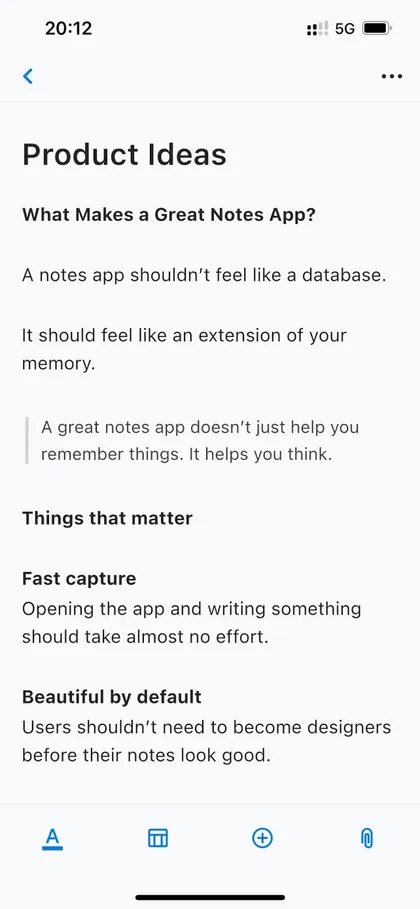 The MemoFlow note list showing reading notes, journals, and meeting notes