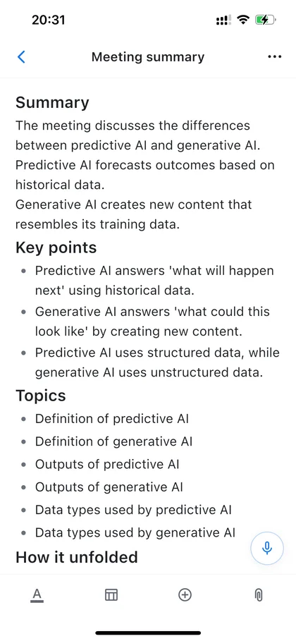 iPhone app screenshot in English: From meeting to a note you can use