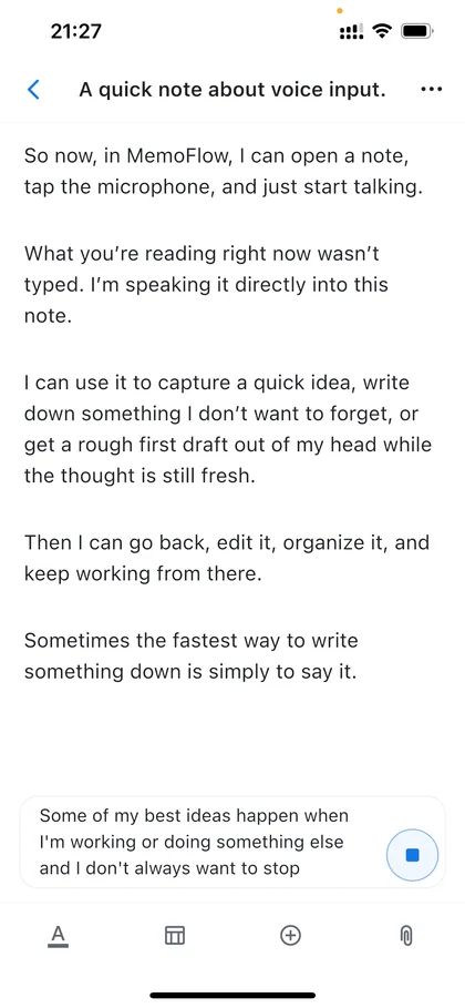 iPhone app screenshot in English: Voice input