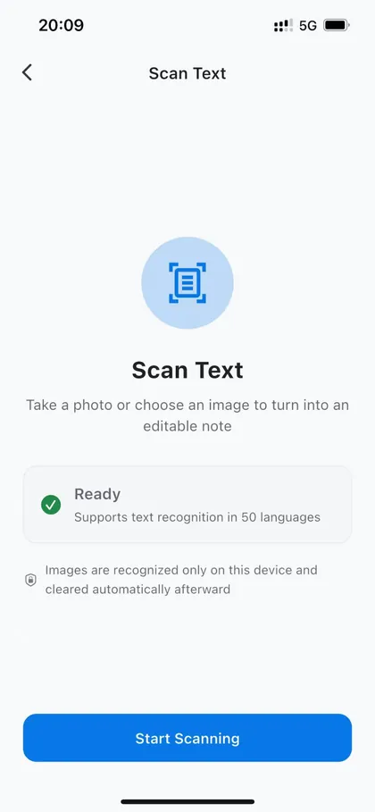 MemoFlow recognizing text from a photographed page on iPhone